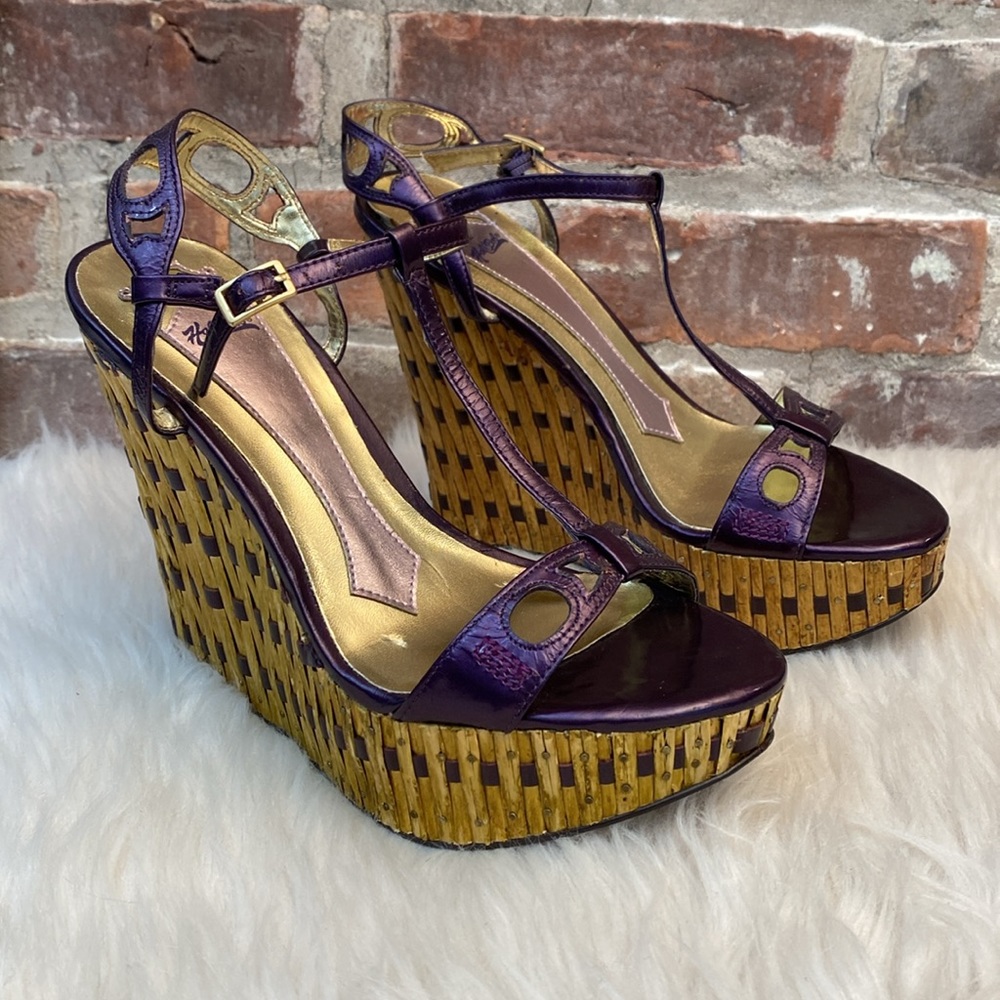 Hale Bob Purple and Tan Wedges with Glossy Straps